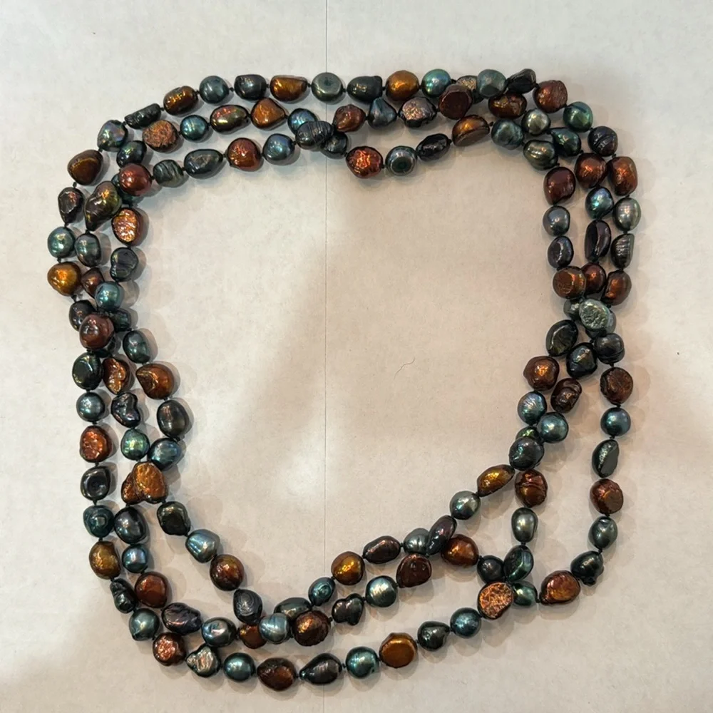HAND MADE‎ BROWN BLUE SEED BEADS LONG NECKLACE
